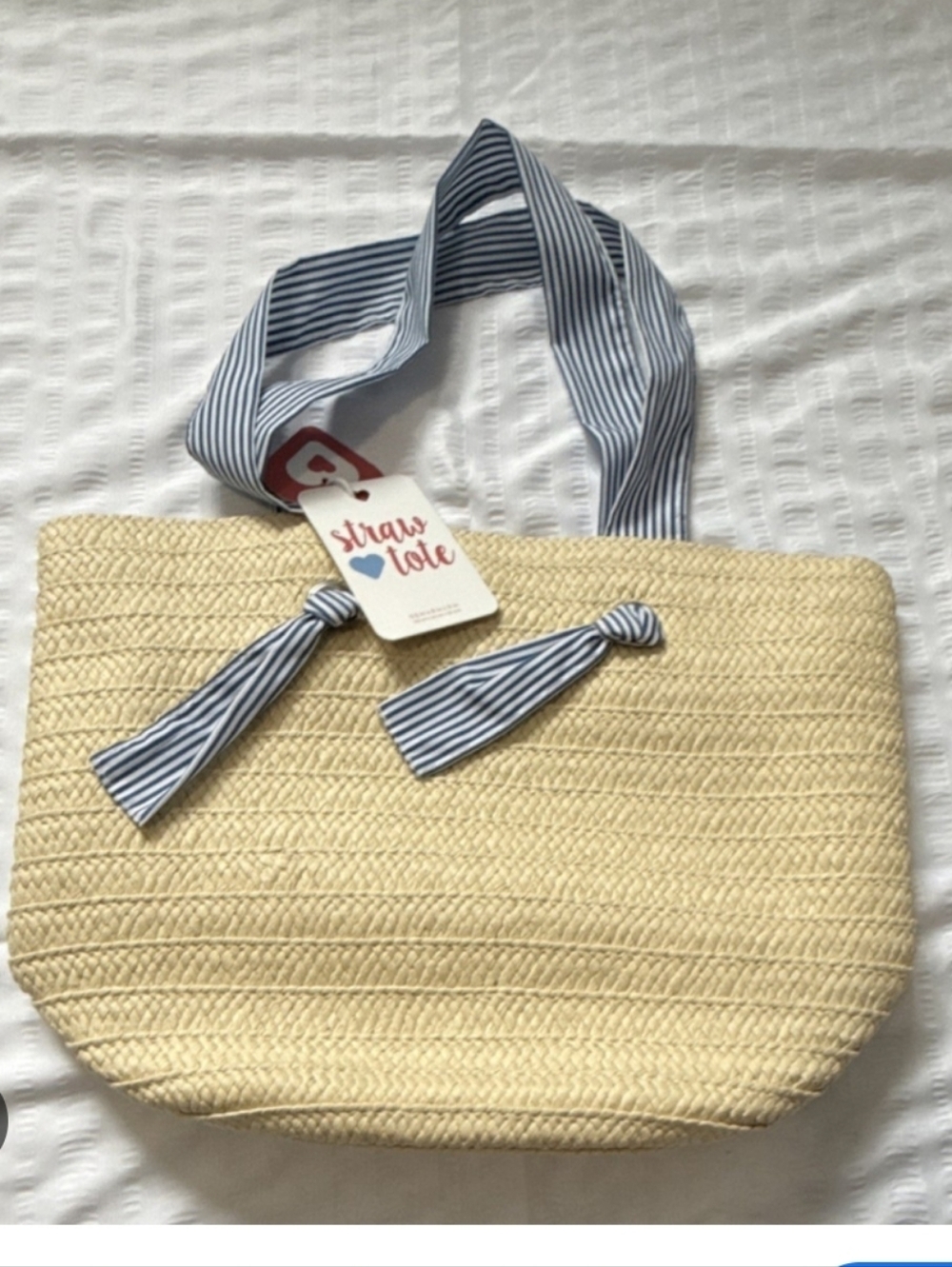 Striped Handle Straw Tote Bag in Natural with Blue